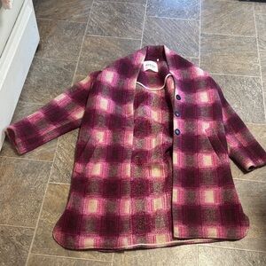 Women's Plaid Pea Coat in Burgundy and Cream